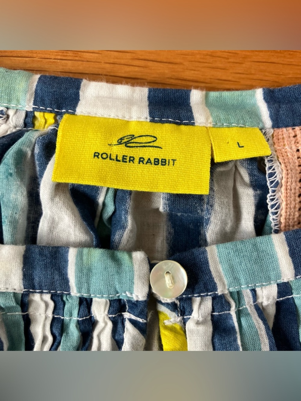Roberta Roller Rabbit Blue Yellow Ikat Stripe Boho Cotton Blouse Large - Picture 2 of 7